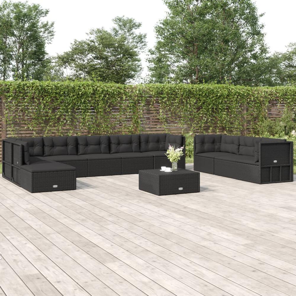 10 Piece Patio Lounge Set with Cushions Black Poly Rattan. Picture 11