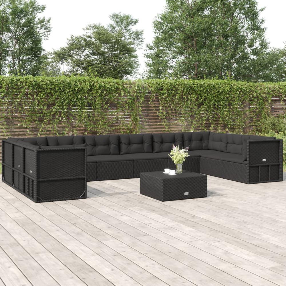 10 Piece Patio Lounge Set with Cushions Black Poly Rattan. Picture 9