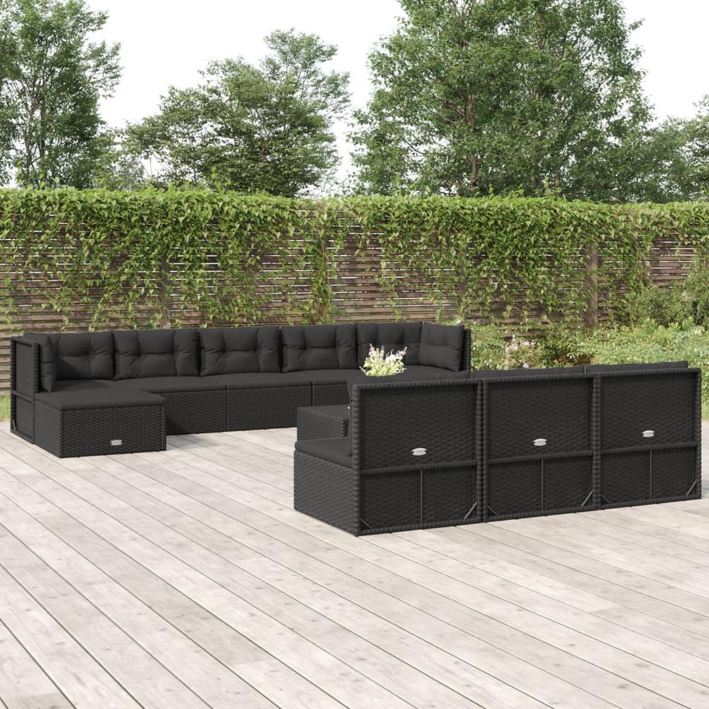 11 Piece Patio Lounge Set with Cushions Black Poly Rattan. Picture 11