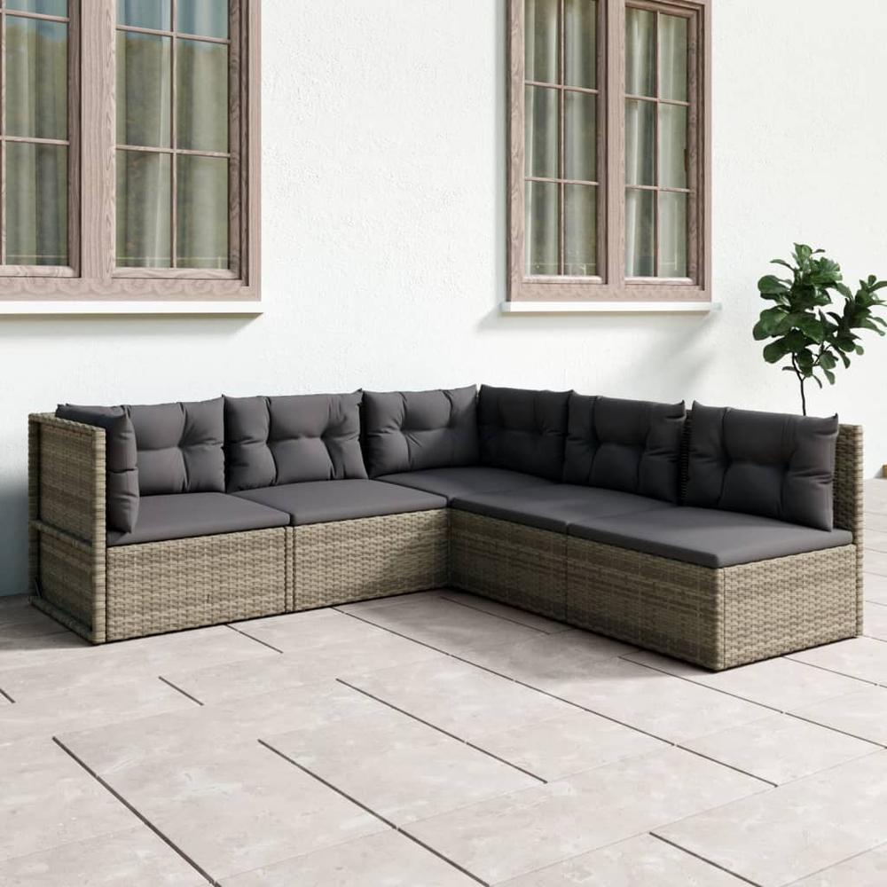 5 Piece Patio Lounge Set with Cushions Gray Poly Rattan. Picture 11