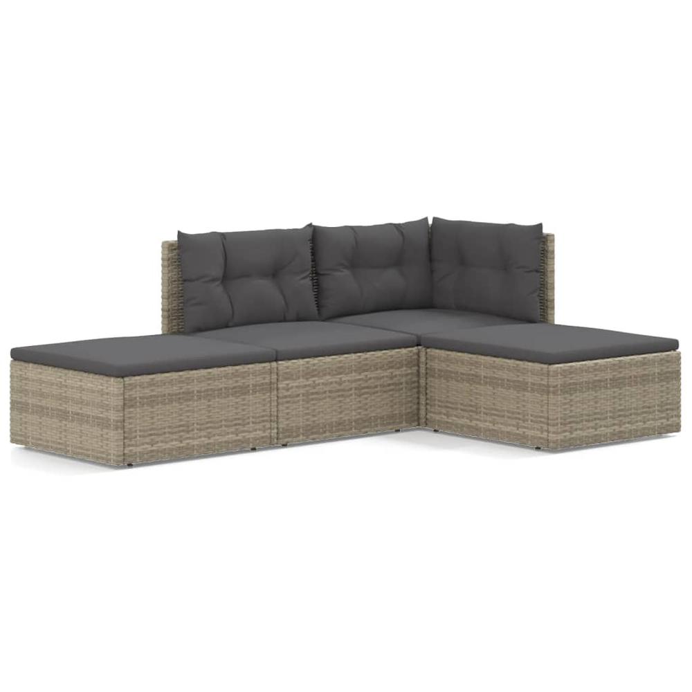 4 Piece Patio Lounge Set with Cushions Gray Poly Rattan. Picture 1