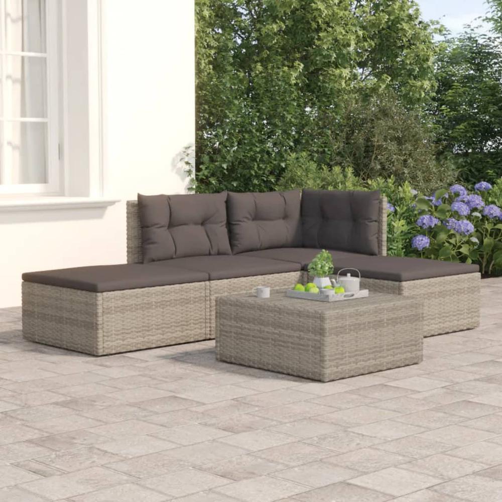 4 Piece Patio Lounge Set with Cushions Gray Poly Rattan. Picture 12