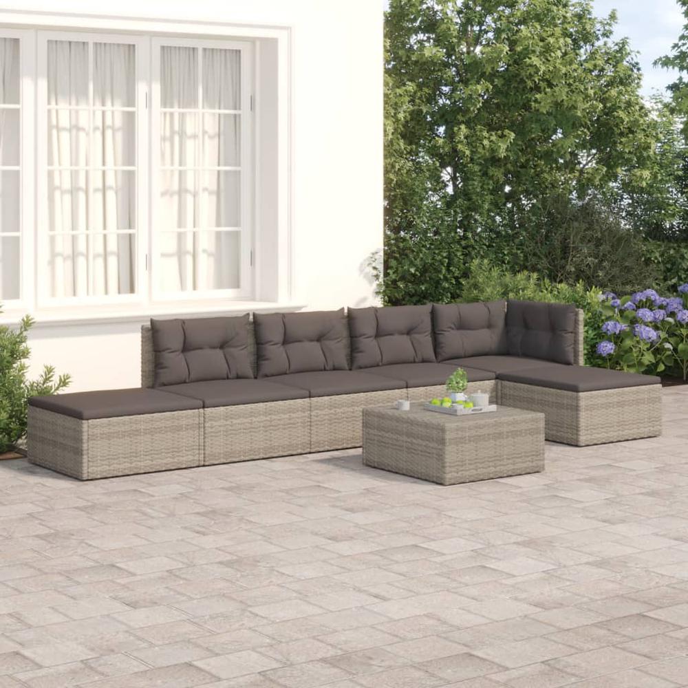 6 Piece Patio Lounge Set with Cushions Gray Poly Rattan. Picture 12