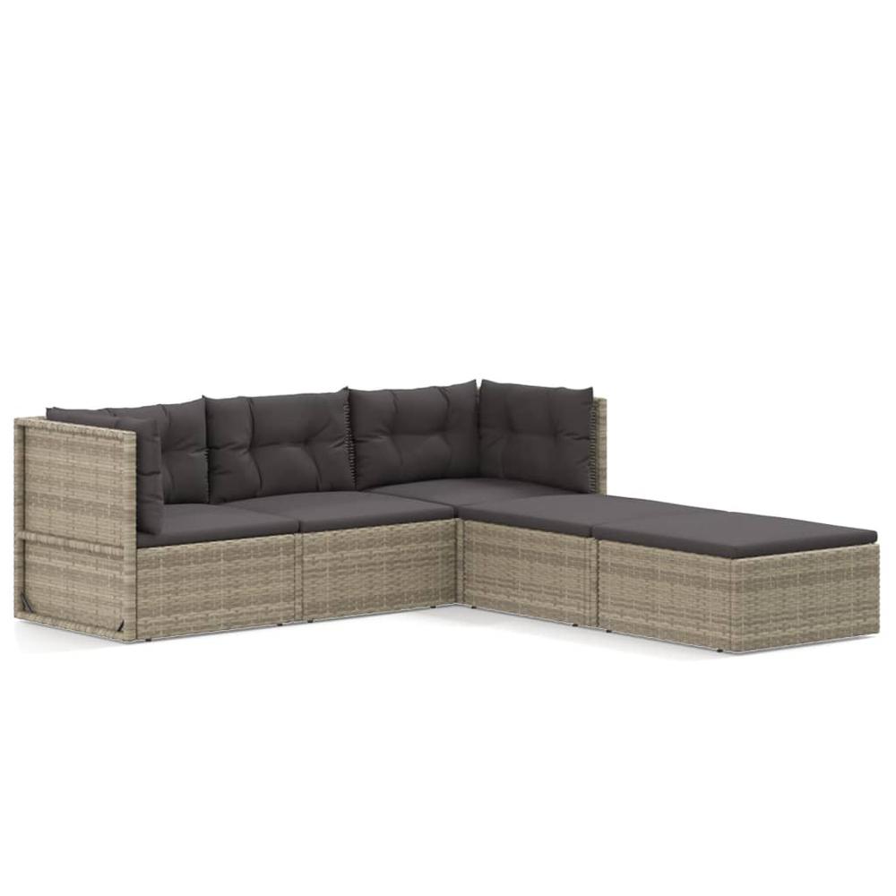 5 Piece Patio Lounge Set with Cushions Gray Poly Rattan. Picture 1