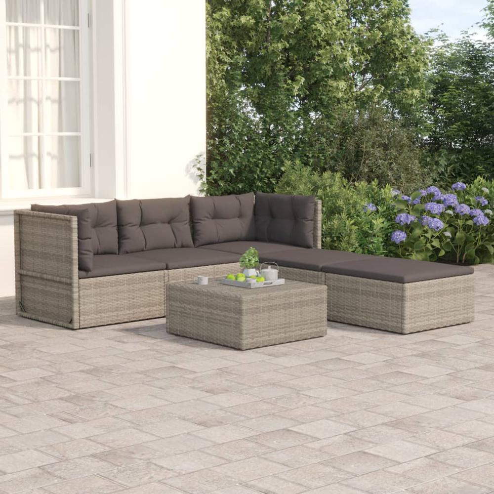 5 Piece Patio Lounge Set with Cushions Gray Poly Rattan. Picture 12