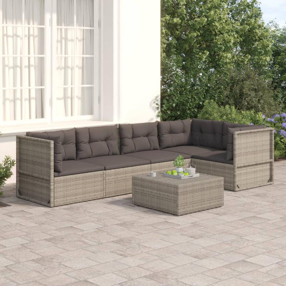 5 Piece Patio Lounge Set with Cushions Gray Poly Rattan. Picture 12