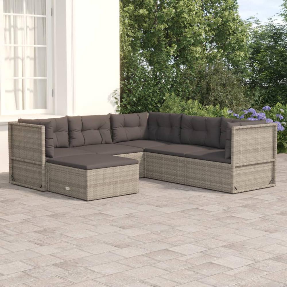 6 Piece Patio Lounge Set with Cushions Gray Poly Rattan. Picture 12