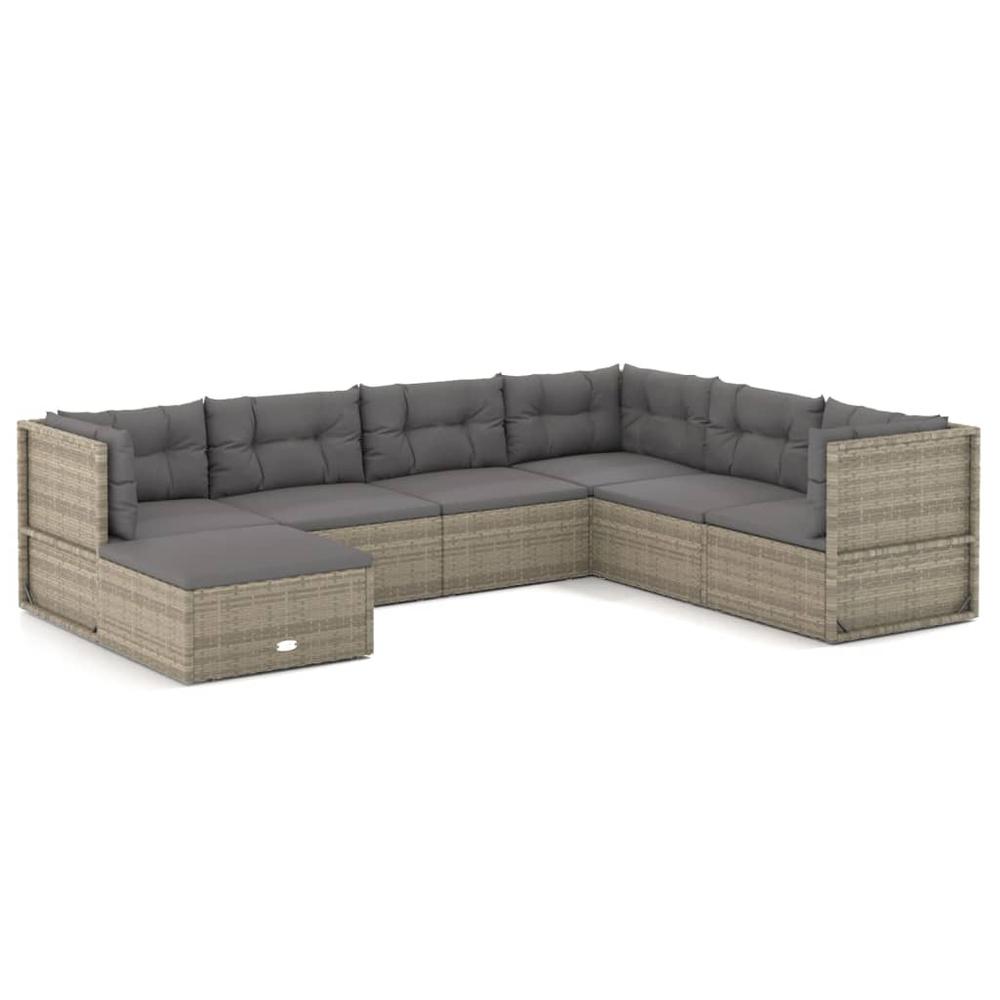 7 Piece Patio Lounge Set with Cushions Gray Poly Rattan. Picture 1