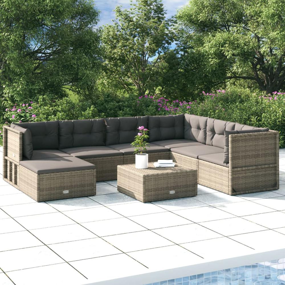 7 Piece Patio Lounge Set with Cushions Gray Poly Rattan. Picture 12