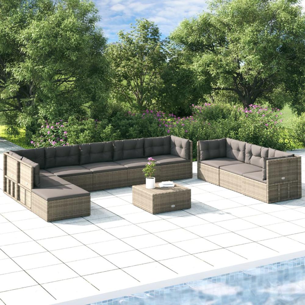 10 Piece Patio Lounge Set with Cushions Gray Poly Rattan. Picture 12
