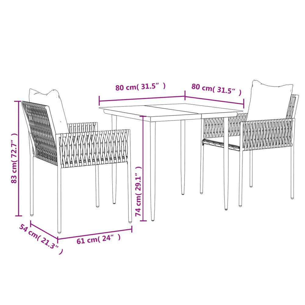 3 Piece Patio Dining Set with Cushions Poly Rattan and Steel. Picture 9