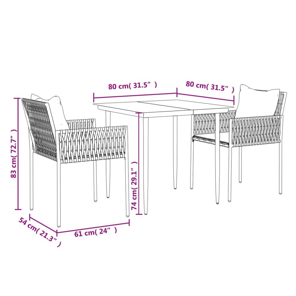 3 Piece Patio Dining Set with Cushions Poly Rattan and Steel. Picture 9