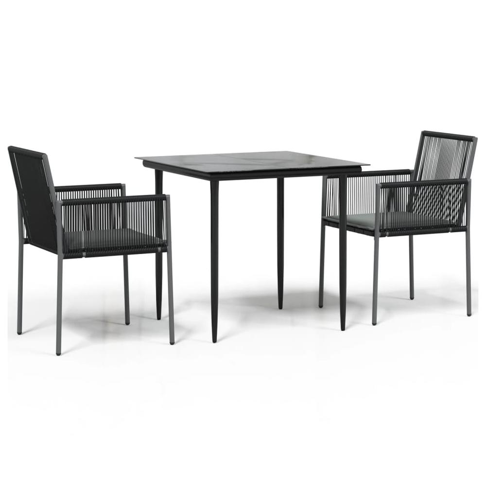 3 Piece Patio Dining Set with Cushions Black Poly Rattan and Steel. Picture 1