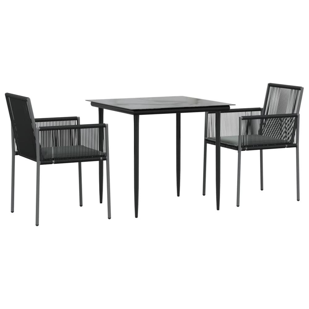 3 Piece Patio Dining Set with Cushions Black Poly Rattan and Steel. Picture 2