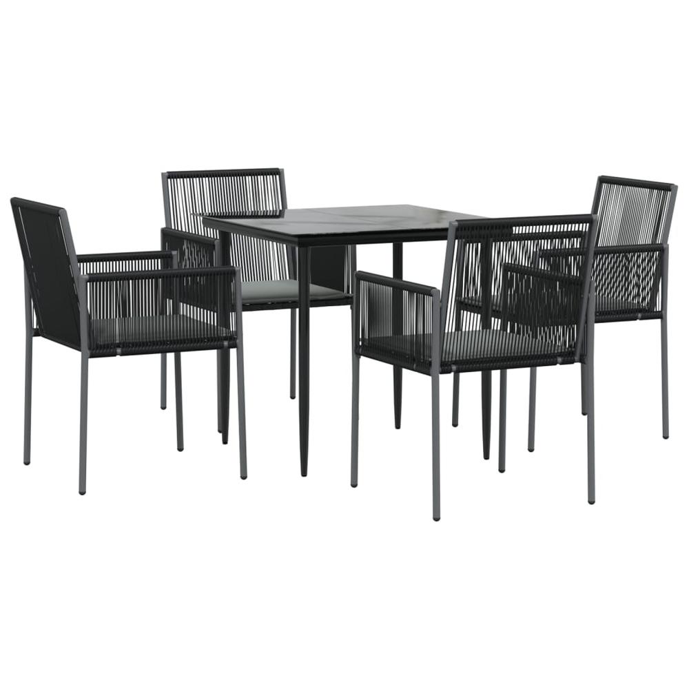 5 Piece Patio Dining Set with Cushions Black Poly Rattan and Steel. Picture 2