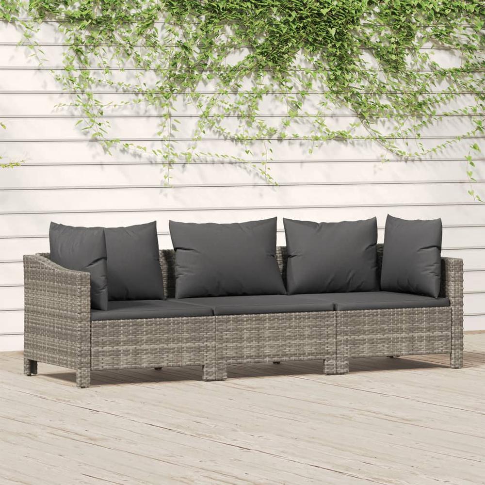 3 Piece Patio Lounge Set with Cushions Gray Poly Rattan. Picture 9