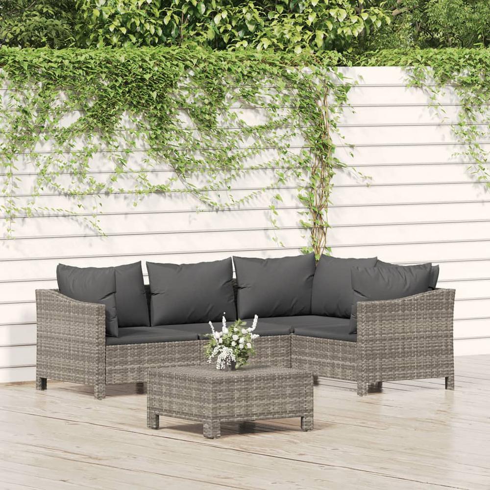 5 Piece Patio Lounge Set with Cushions Gray Poly Rattan. Picture 9