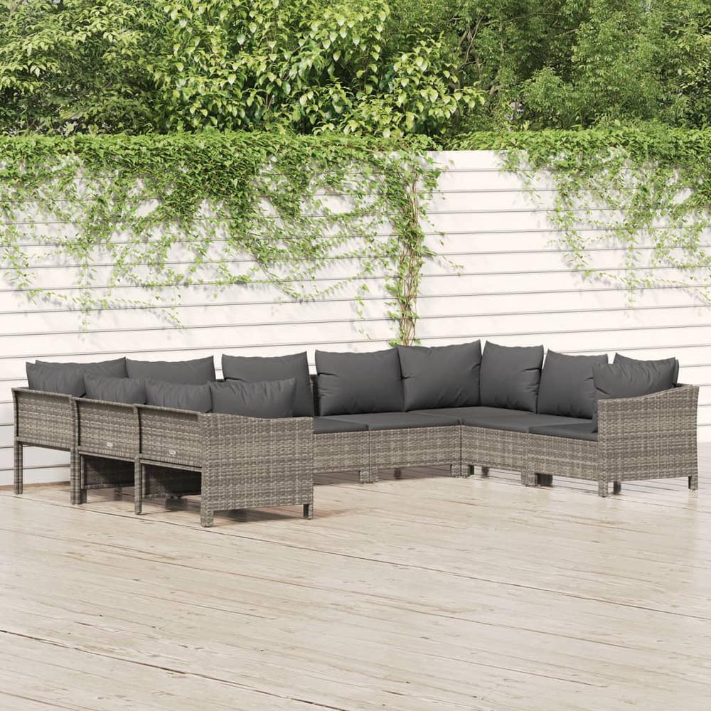 9 Piece Patio Lounge Set with Cushions Gray Poly Rattan. Picture 11