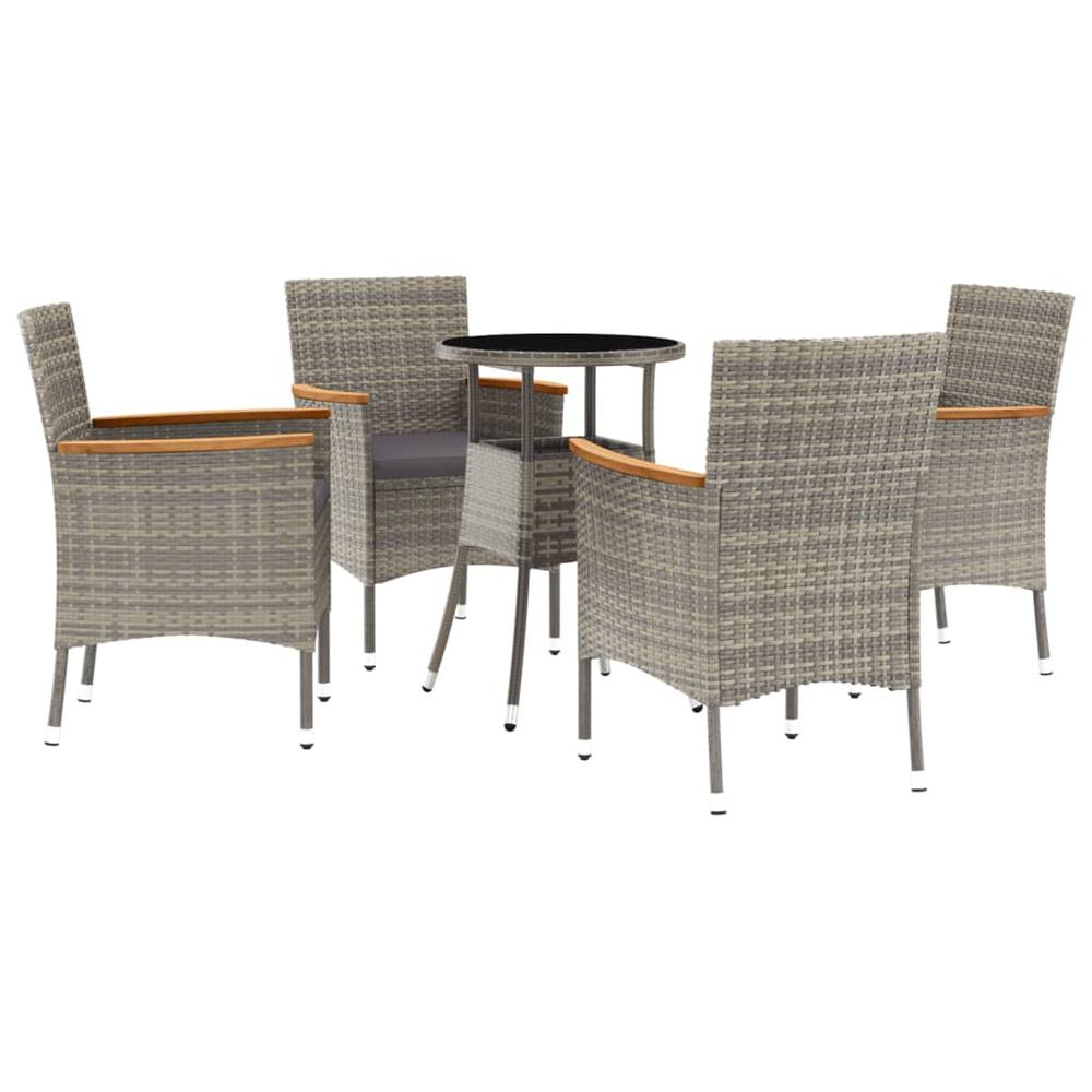 5 Piece Patio Bistro Set with Cushions Gray Poly Rattan. Picture 1