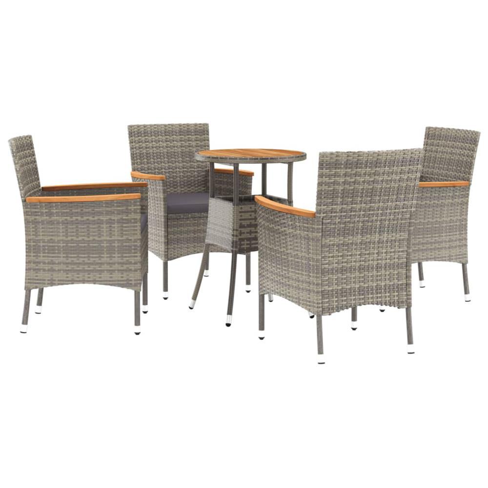 5 Piece Patio Bistro Set with Cushions Gray Poly Rattan. Picture 1