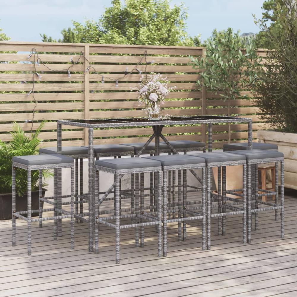 11 Piece Patio Bar Set with Cushions Gray Poly Rattan. Picture 8