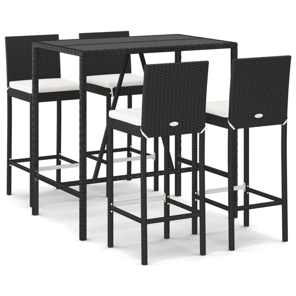 5 Piece Patio Bar Set with Cushions Black Poly Rattan. Picture 1