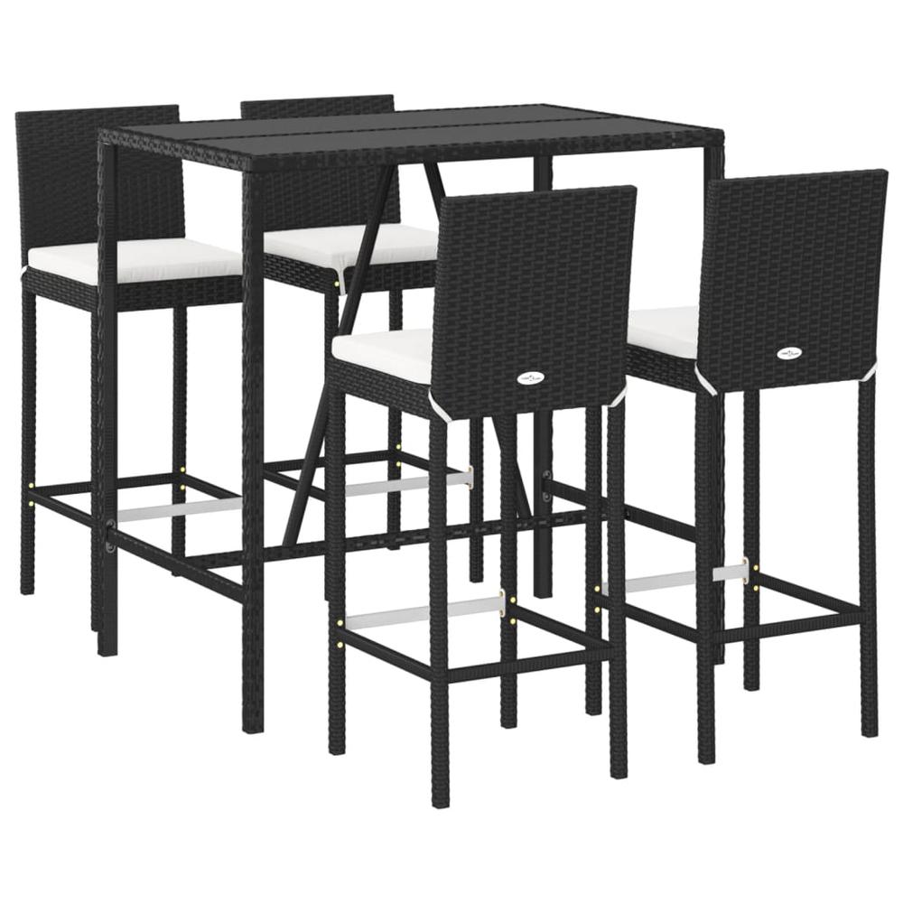 5 Piece Patio Bar Set with Cushions Black Poly Rattan. Picture 2