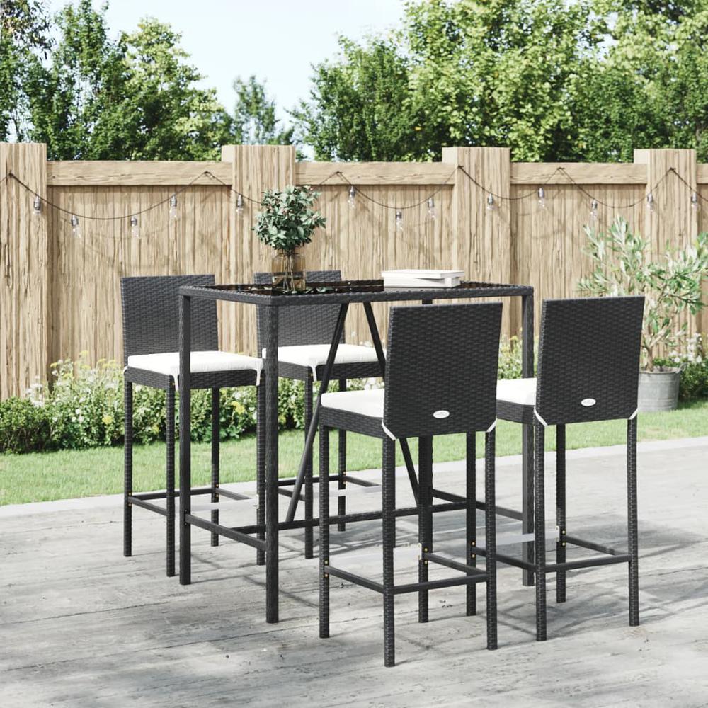 5 Piece Patio Bar Set with Cushions Black Poly Rattan. Picture 8