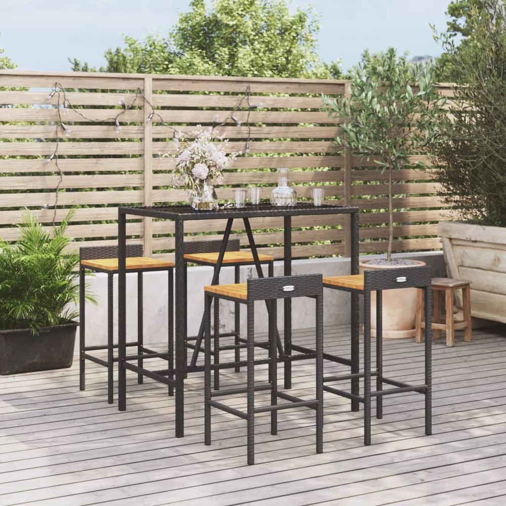 5 Piece Patio Bar Set Black Poly Rattan& Solid Wood Acacia. Picture 8