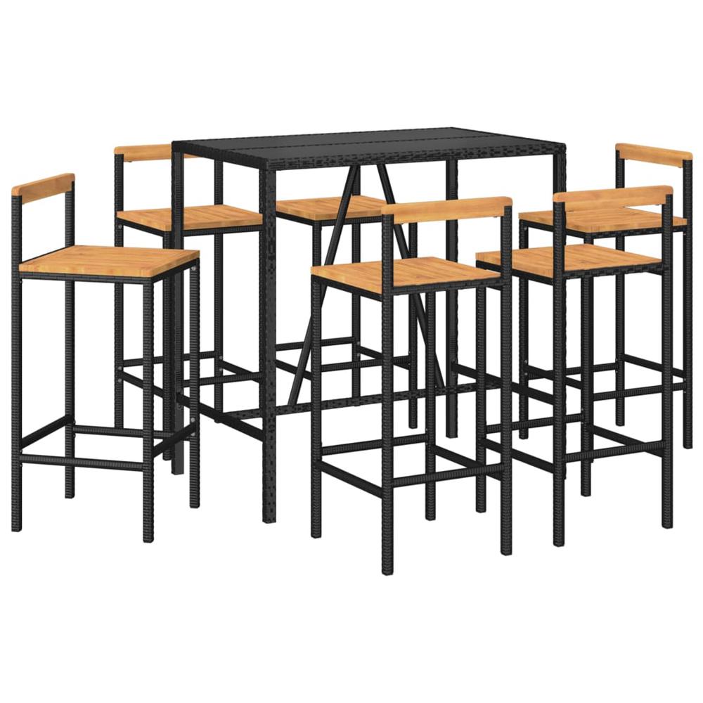 7 Piece Patio Bar Set Black Poly Rattan& Solid Wood Acacia. Picture 2