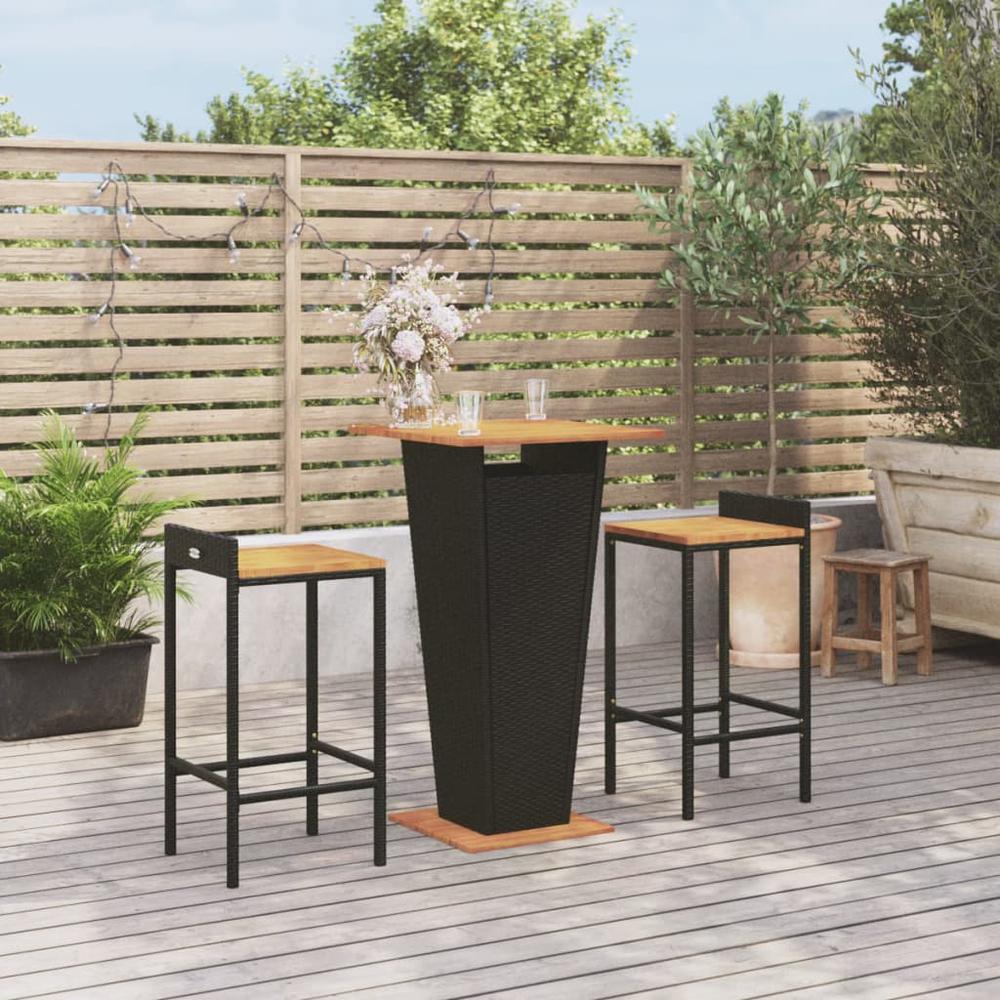 3 Piece Patio Bar Set Black Poly Rattan&Solid Wood Acacia. Picture 8