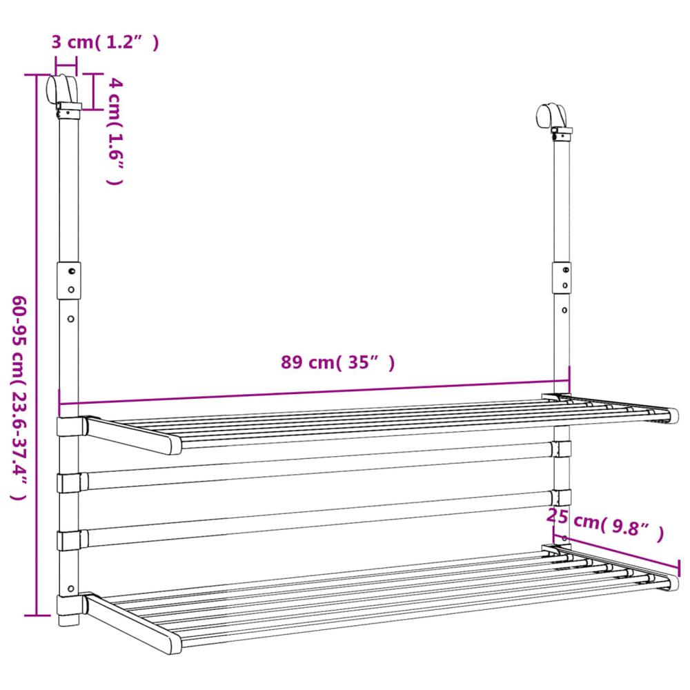 Drying Rack for Balcony 35"x9.8"x(23.6"-37.4") Aluminum. Picture 8