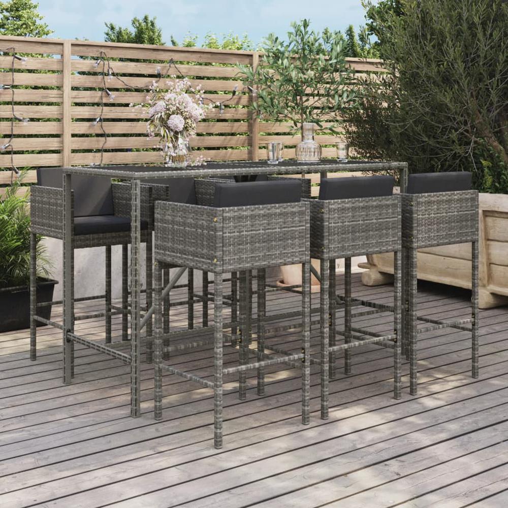 7 Piece Patio Bar Set with Cushions Gray Poly Rattan. Picture 8