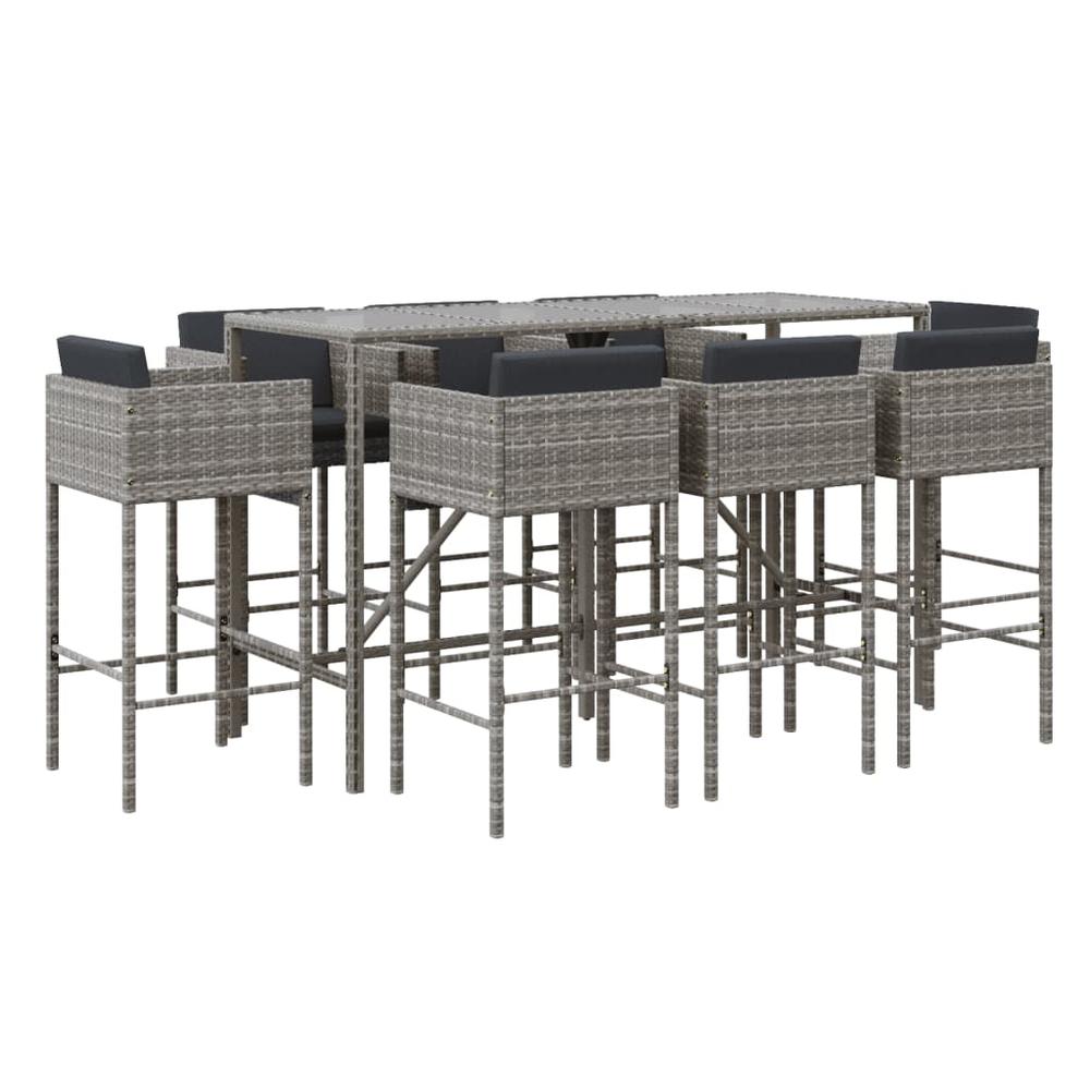 9 Piece Patio Bar Set with Cushions Gray Poly Rattan. Picture 1