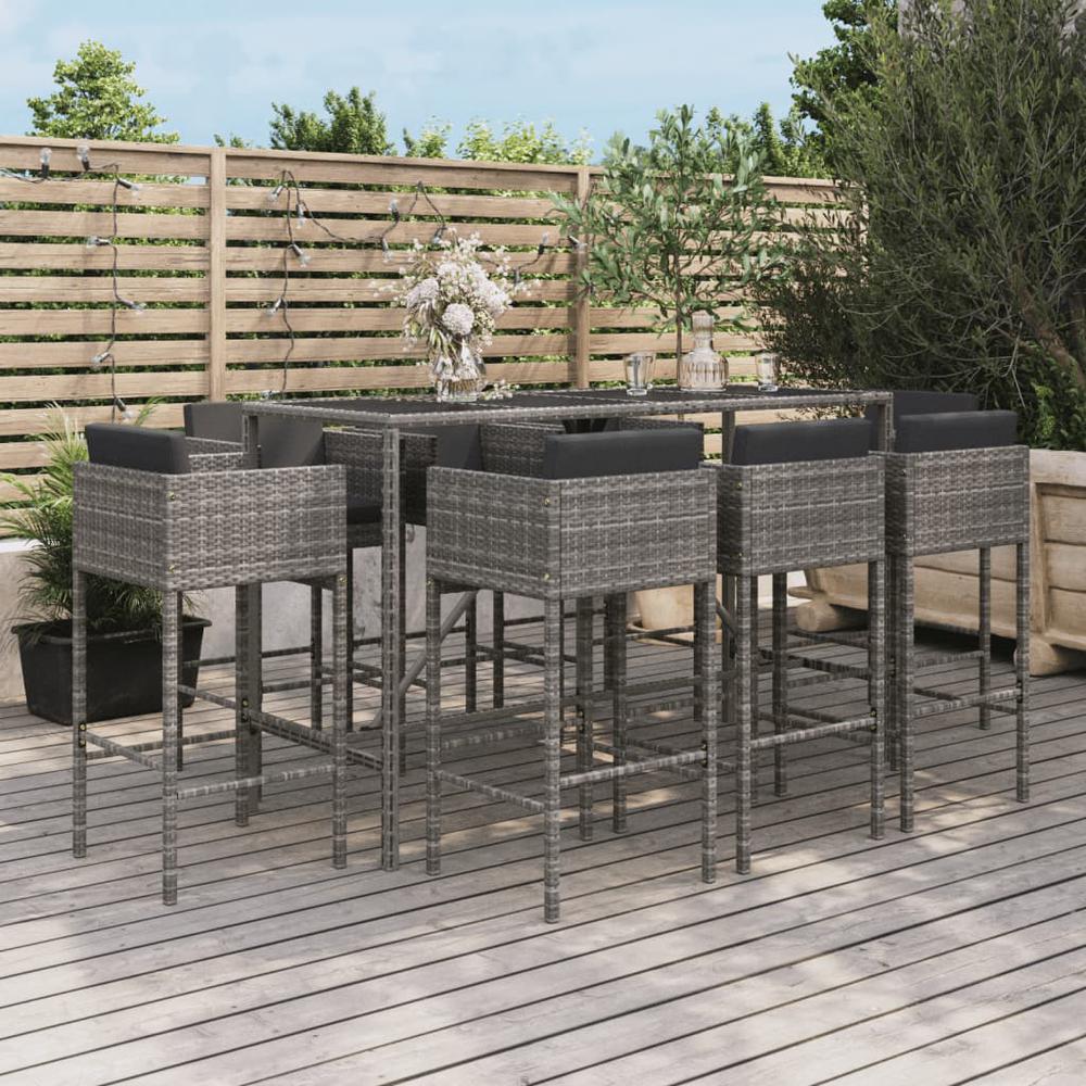 9 Piece Patio Bar Set with Cushions Gray Poly Rattan. Picture 8