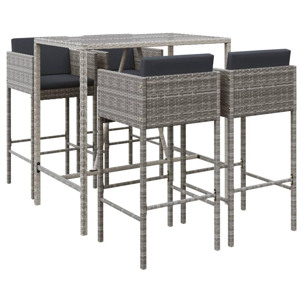 5 Piece Patio Bar Set with Cushions Gray Poly Rattan. Picture 1