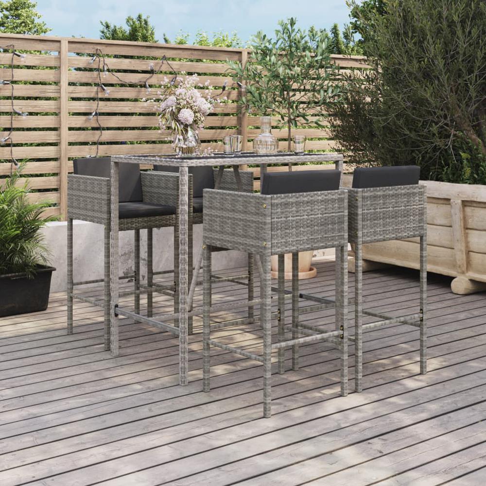 5 Piece Patio Bar Set with Cushions Gray Poly Rattan. Picture 8