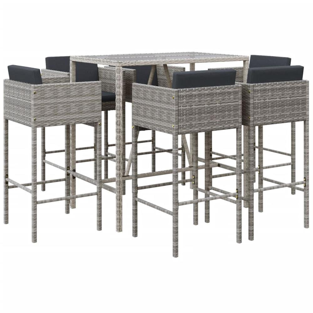 7 Piece Patio Bar Set with Cushions Gray Poly Rattan. Picture 1