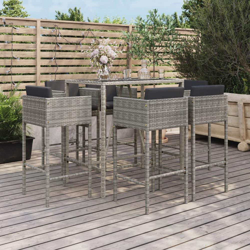7 Piece Patio Bar Set with Cushions Gray Poly Rattan. Picture 8