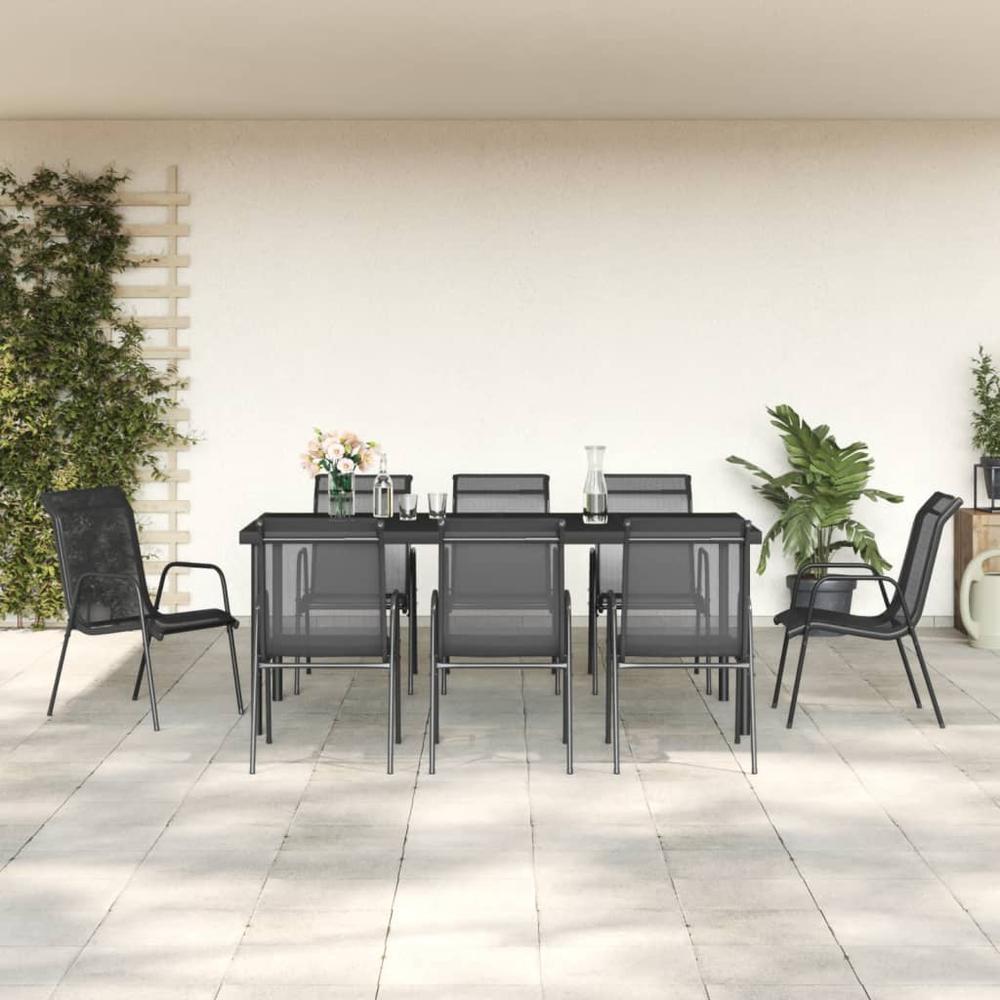 9 Piece Patio Dining Set Black Steel and Textilene. Picture 7