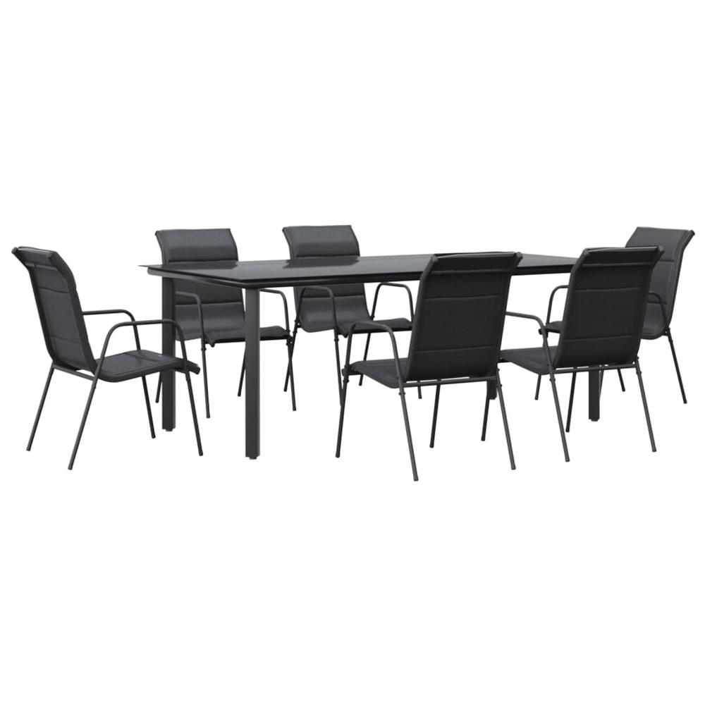 7 Piece Patio Dining Set Black Steel and Textilene. Picture 1