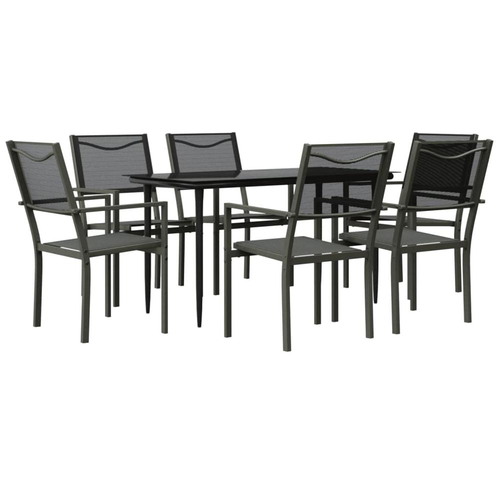 7 Piece Patio Dining Set Black Steel and Textilene. Picture 1