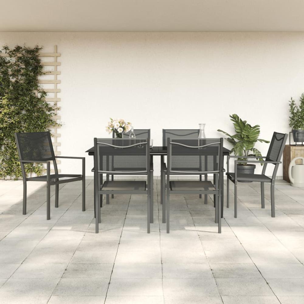 7 Piece Patio Dining Set Black Steel and Textilene. Picture 7