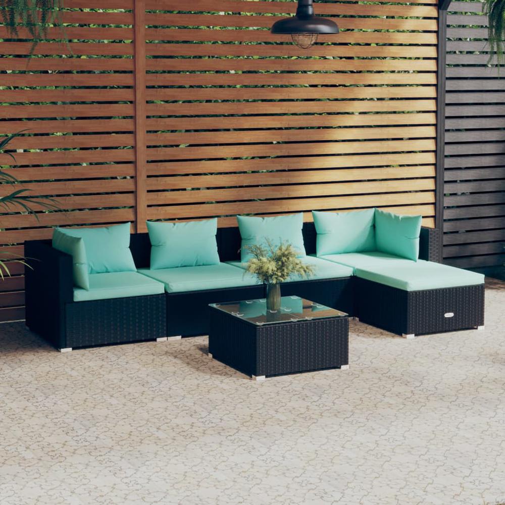 vidaXL 6 Piece Patio Lounge Set with Cushions Poly Rattan Black, 3101665. Picture 1