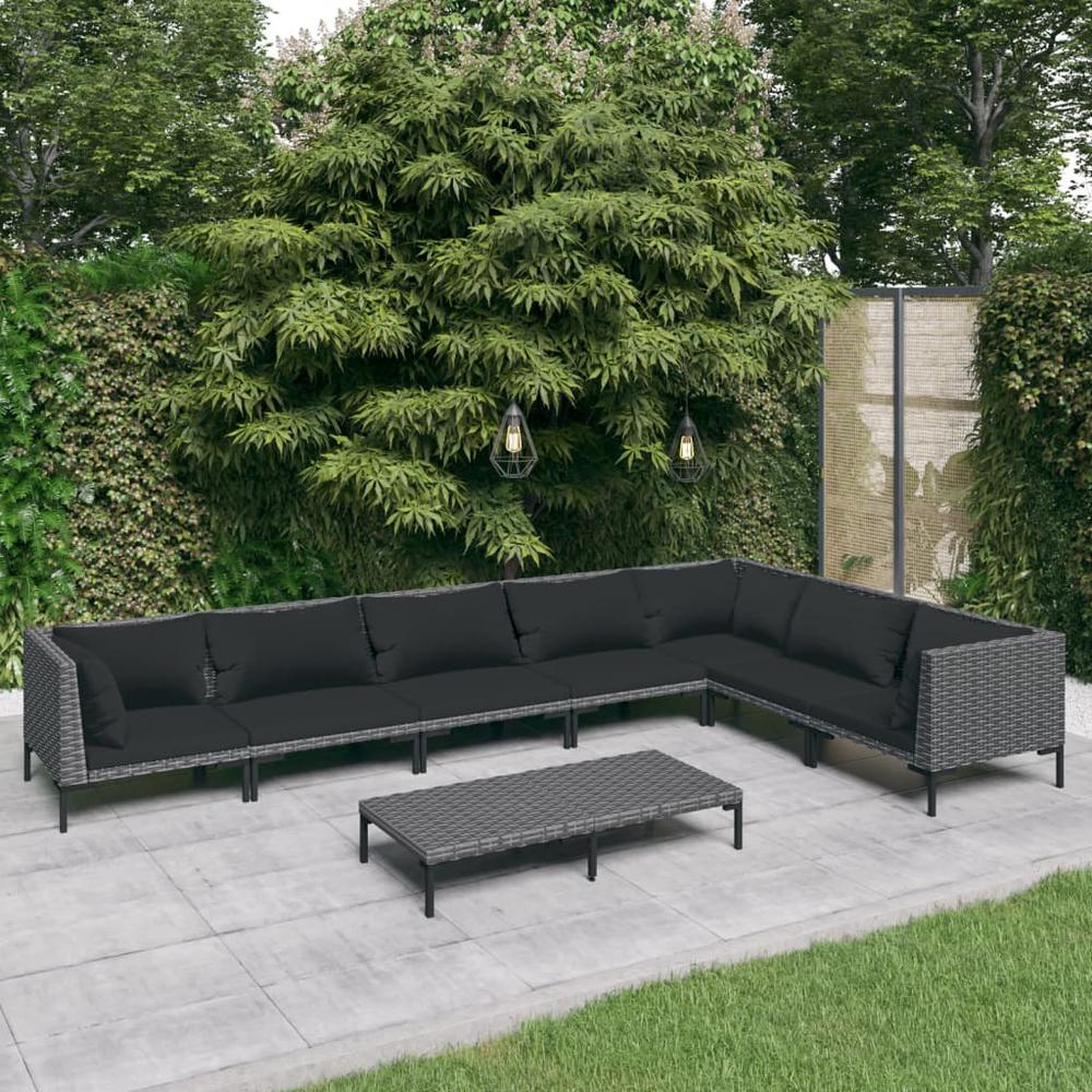 vidaXL 8 Piece Patio Lounge Set with Cushions Poly Rattan Dark Gray, 3099845. Picture 1