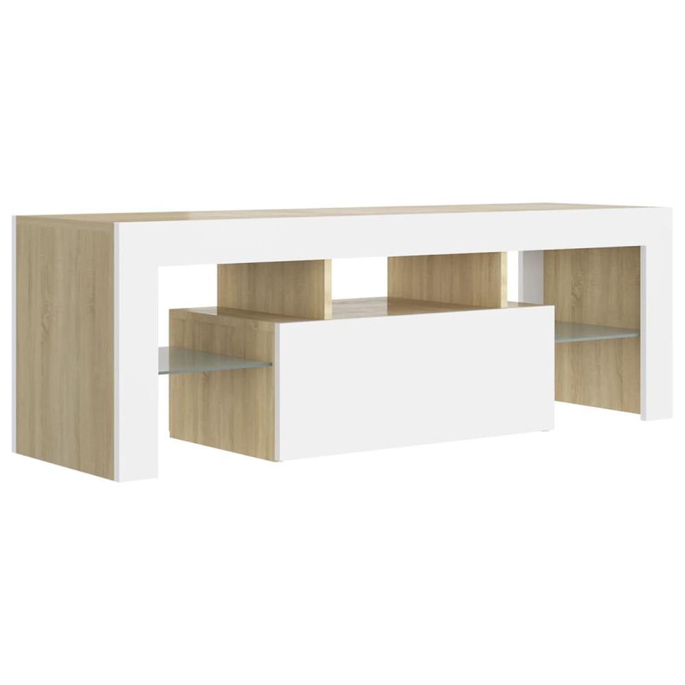 vidaXL TV Cabinet with LED Lights White and Sonoma Oak 47.2"x13.8"x15.7", 804351. Picture 3