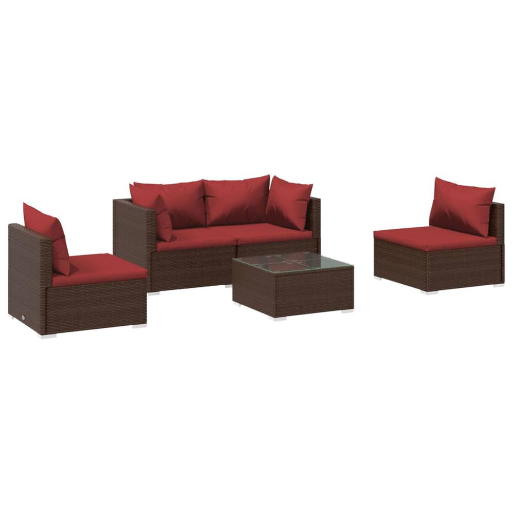 vidaXL 5 Piece Patio Lounge Set with Cushions Poly Rattan Brown, 3102179. Picture 2