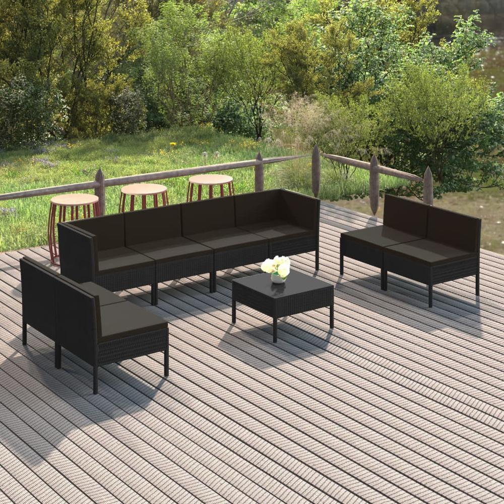 vidaXL 9 Piece Patio Lounge Set with Cushions Poly Rattan Black, 3094361. Picture 1