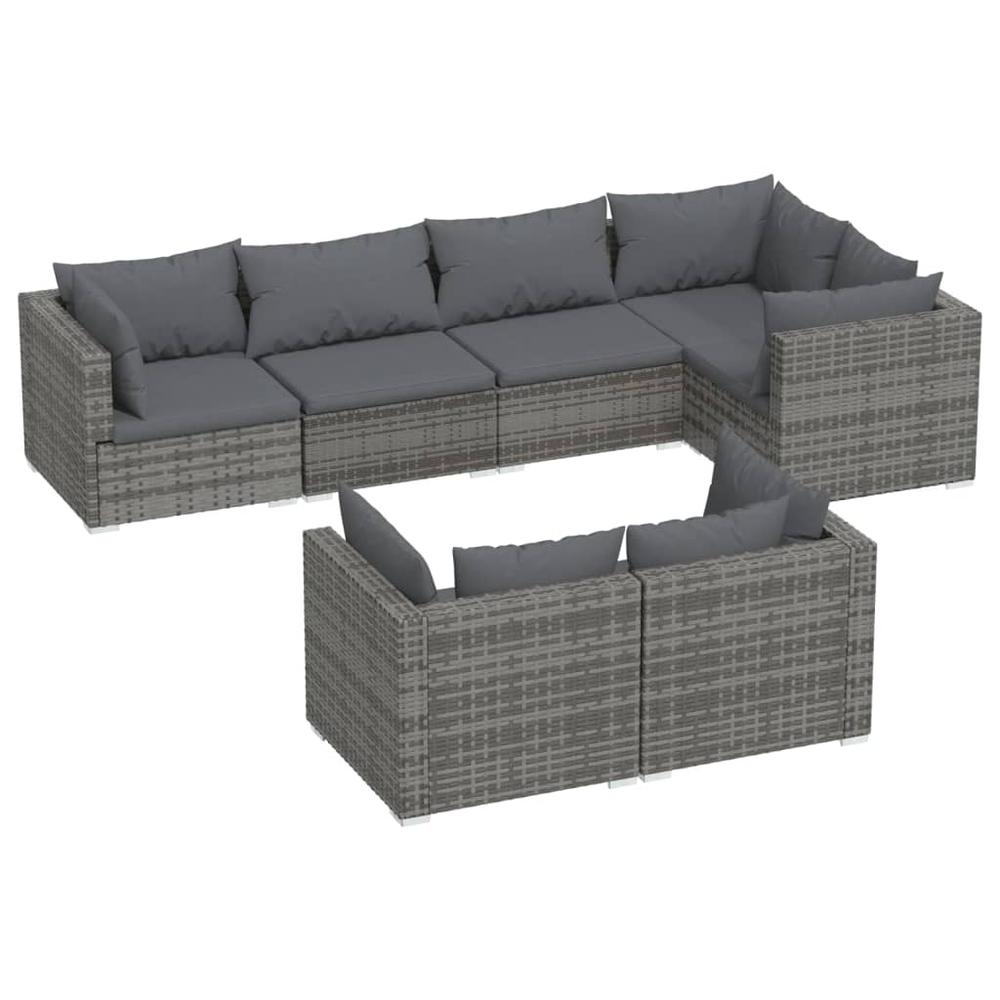 vidaXL 7 Piece Patio Lounge Set with Cushions Gray Poly Rattan, 3102477. Picture 2