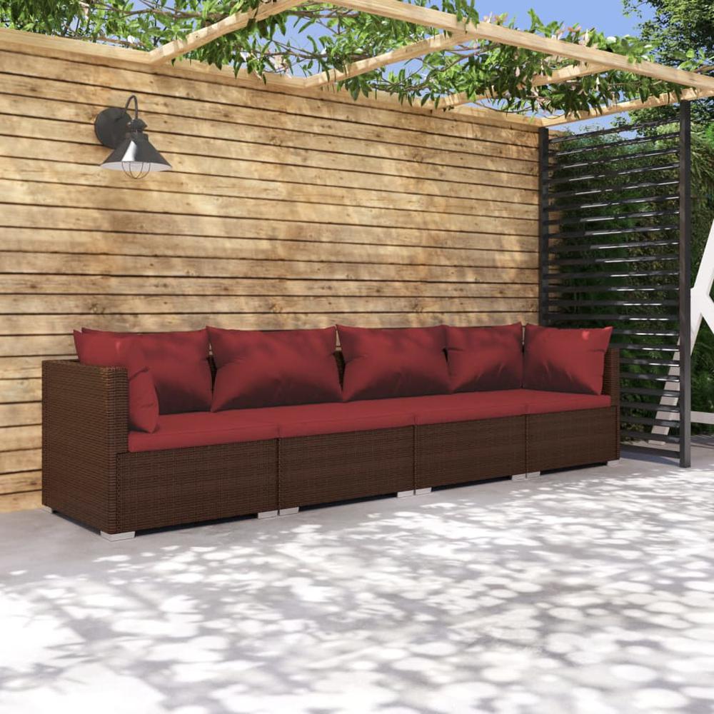 vidaXL 4 Piece Patio Lounge Set with Cushions Poly Rattan Brown, 3101427. Picture 1